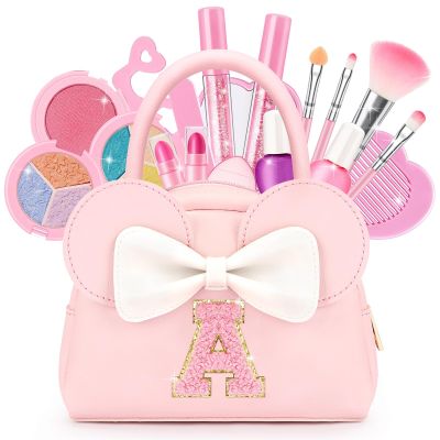 Valentines Day Gifts for Kids Real Makeup Kit for Girls - 18Pcs Non-Toxic Washable Make Up Toys with Initial Toddler Purse - Birthday Gifts for Age 3 4 5 6 7 8 9 10 Years Old Vanity Set - A