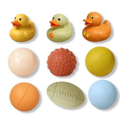 ROHSCE Baby Bath Toys 6-12 Months, 9 Pcs Wheat Straw Sensory Balls & Ducks, No Hole Floating Toddler Bath Toys, for Boys & Girls 1-3, Textured Squeeze Stress Relief Montessori Set
