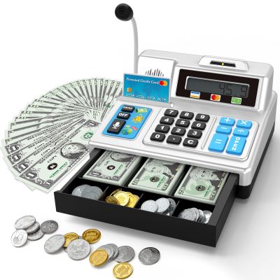 Calculator Cash Register Toy Gift for Kids Age 3, 4, 5, 6, 7, 8+ Year Old, 103 Pcs Pretend Grocery Store Playset with Toy Cash, Microphone, Credit Card, Play Cash Register for Toddlers 4-8, Silvery