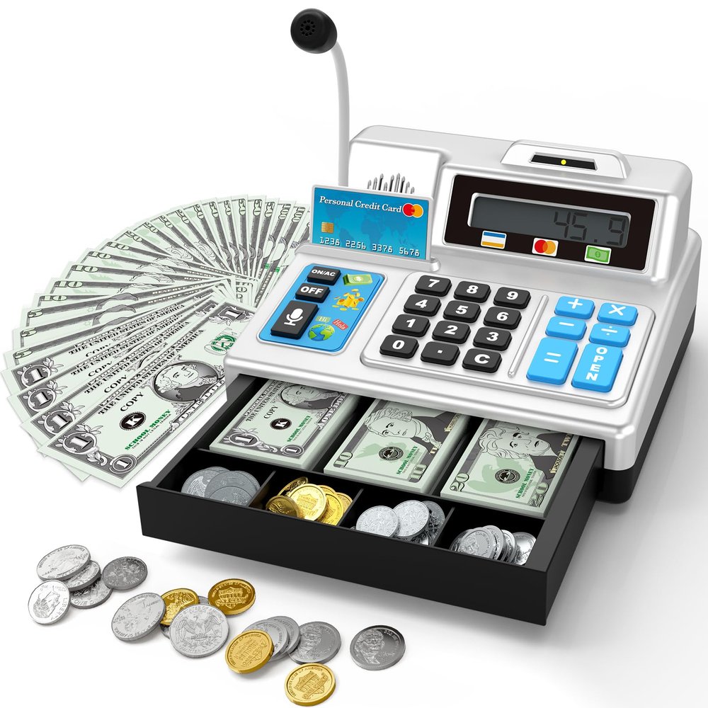 Calculator Cash Register Toy Gift for Kids Age 3, 4, 5, 6, 7, 8+ Year Old, 103 Pcs Pretend Grocery Store Playset with Toy Cash, Microphone, Credit Card, Play Cash Register for Toddlers 4-8, Silvery