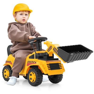 Costzon Ride On Bulldozer, Sit and Scoot Ride on Push Car for Toddlers with Helmet, Front Loader Shovel & Engine Sound, Under-seat Storage, Anti-Rollover Device, Kids Construction Truck, Gift