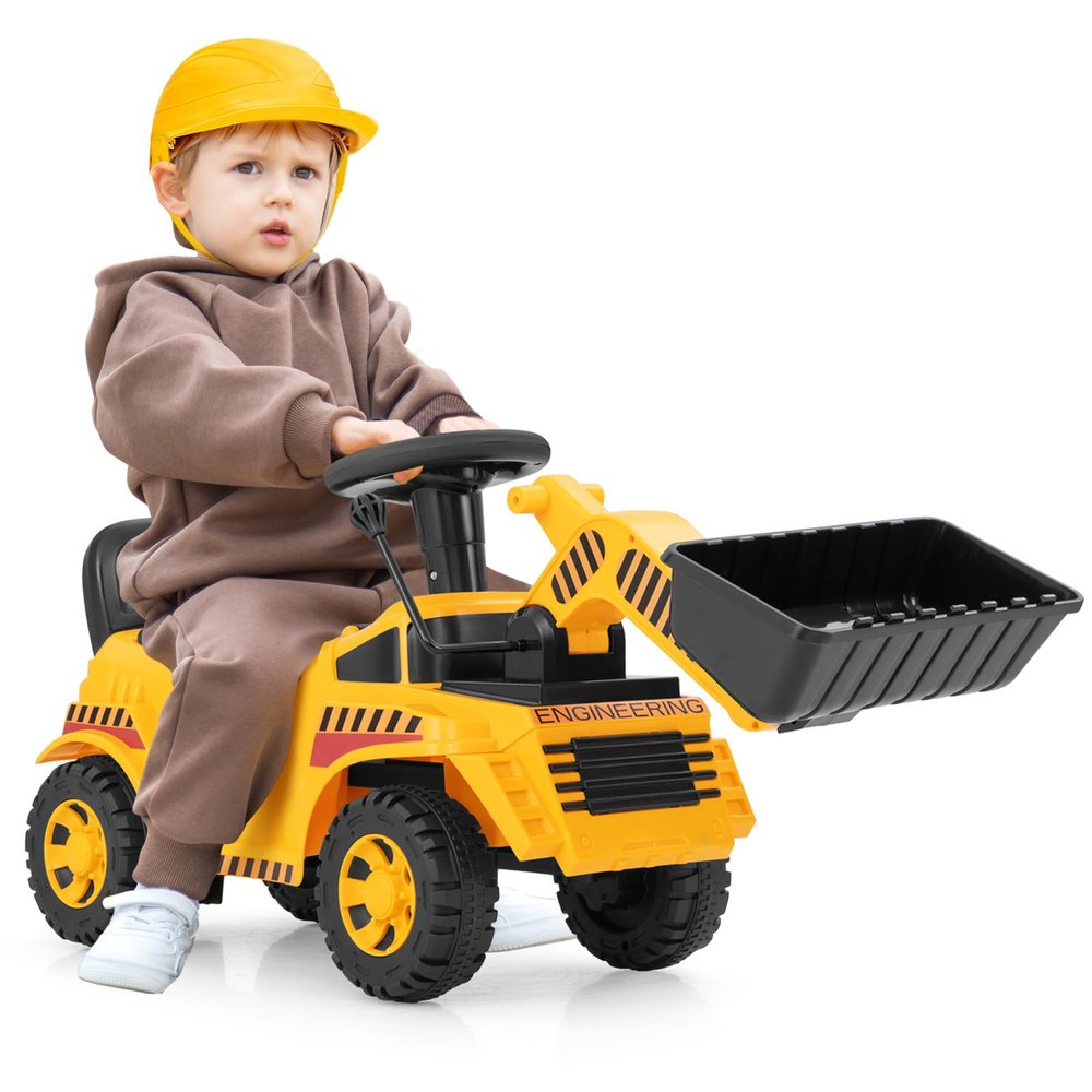 Costzon Ride On Bulldozer, Sit and Scoot Ride on Push Car for Toddlers with Helmet, Front Loader Shovel & Engine Sound, Under-seat Storage, Anti-Rollover Device, Kids Construction Truck, Gift