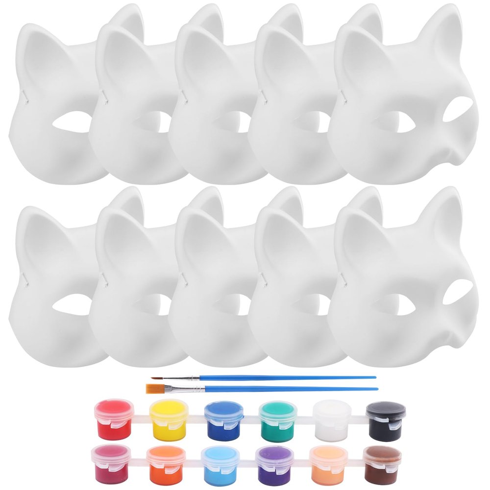 Bibabala 10Pcs Cat Masks,White Therian Masks Set with Paintbrush Acrylic paint,White Cat Mask Painting,Masquerade Mask,Unpainted Face Cover for DIY Paint Carnival Cosplay Halloween Party
