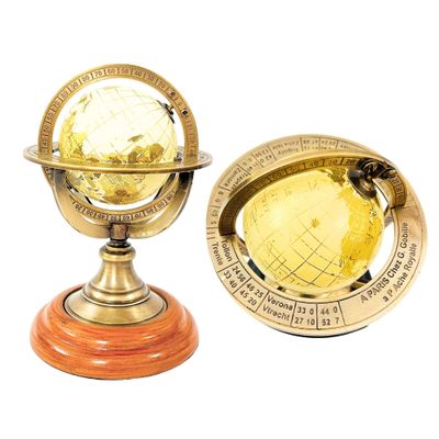 5.10" Nautical Brass Armillary Sphere World Globe with Light Lime Green Map, Natural Brown Wooden Base Elegant, Durable Decor for Home or Office