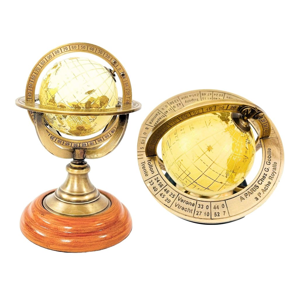 5.10" Nautical Brass Armillary Sphere World Globe with Light Lime Green Map, Natural Brown Wooden Base Elegant, Durable Decor for Home or Office