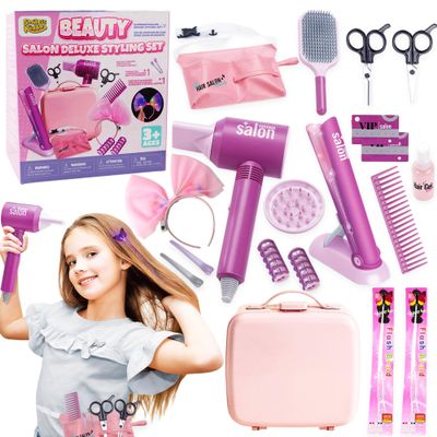 SMILESSKIDDO 20pcs Hair Salon Playset for Girls with Light-Up Clips, Pretend Hair Styling Kit & Detachable Pink Suitcase | Safe Toddler Hair Salon Toys