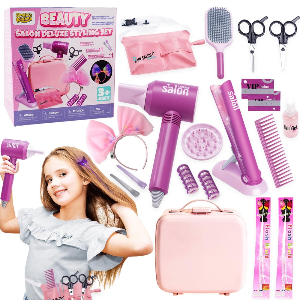 SMILESSKIDDO 20pcs Hair Salon Playset for Girls with Light-Up Clips, Pretend Hair Styling Kit & Detachable Pink Suitcase | Safe Toddler Hair Salon Toys