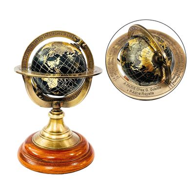 5.10" Nautical Brass Armillary Sphere World Globe with Jet Black Map, Brown Wooden Base  Elegant, Durable Decor for Home or Office