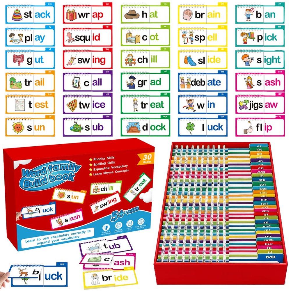 30 Read and Rhyme Flip Books,Sight Words Flash Cards Kindergarten,Kids Phonics Flash Cards,Word Family Build Books Phonics Games Books Gift for Kids Adults Stress Relief