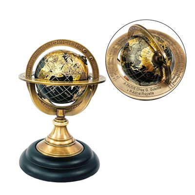 5.10" Nautical Brass Armillary Sphere World Globe with Jet Black Map & Black color Wooden Base  Elegant & Durable Decorative Accent for Home or Office