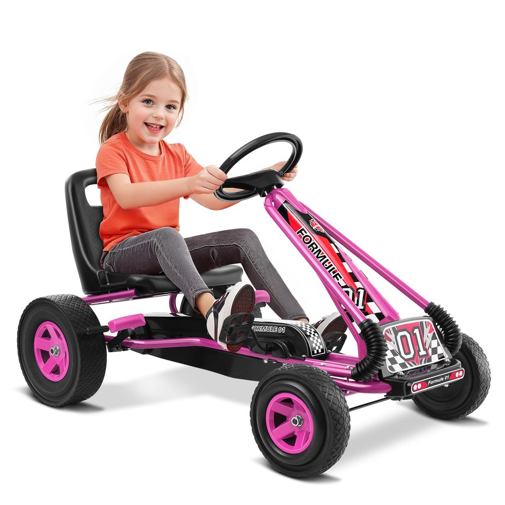 HOMGX Pedal Go Kart, Outdoor Kids Off-Road Go Kart with 2-Position Adjustable Bucket Seat, 2 Safety Brakes, EVA Rubber Tires, Pedal Powered Ride On Kart for Boys & Girls 3-5 (Pink)