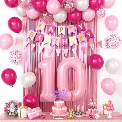 10th Birthday Decorations Pink, Happy 10th Birthday Party Decorations With Number 10 Balloons Pink Confetti Hot Pink Balloons Fringe Curtain Banner Cake Topper For Girl 10th Party Supplies