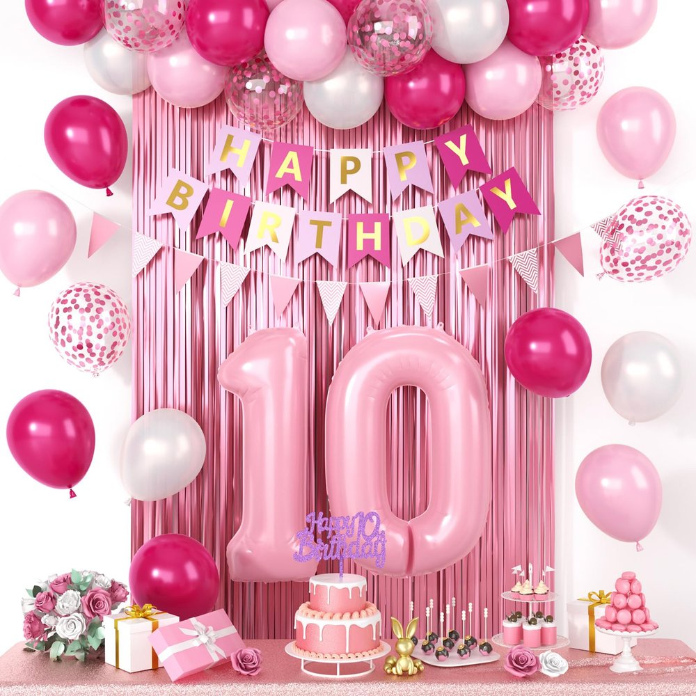 10th Birthday Decorations Pink, Happy 10th Birthday Party Decorations With Number 10 Balloons Pink Confetti Hot Pink Balloons Fringe Curtain Banner Cake Topper For Girl 10th Party Supplies