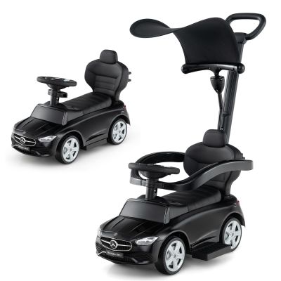 Costzon Push Car for Toddlers, 3 in 1 Mercedes Benz Stroller Sliding Walking Car w/Canopy, Handle, Safety Bar, Horn Sound, Underneath Storage, Foot-to-Floor Ride On Toy for Boys & Girls (Black)