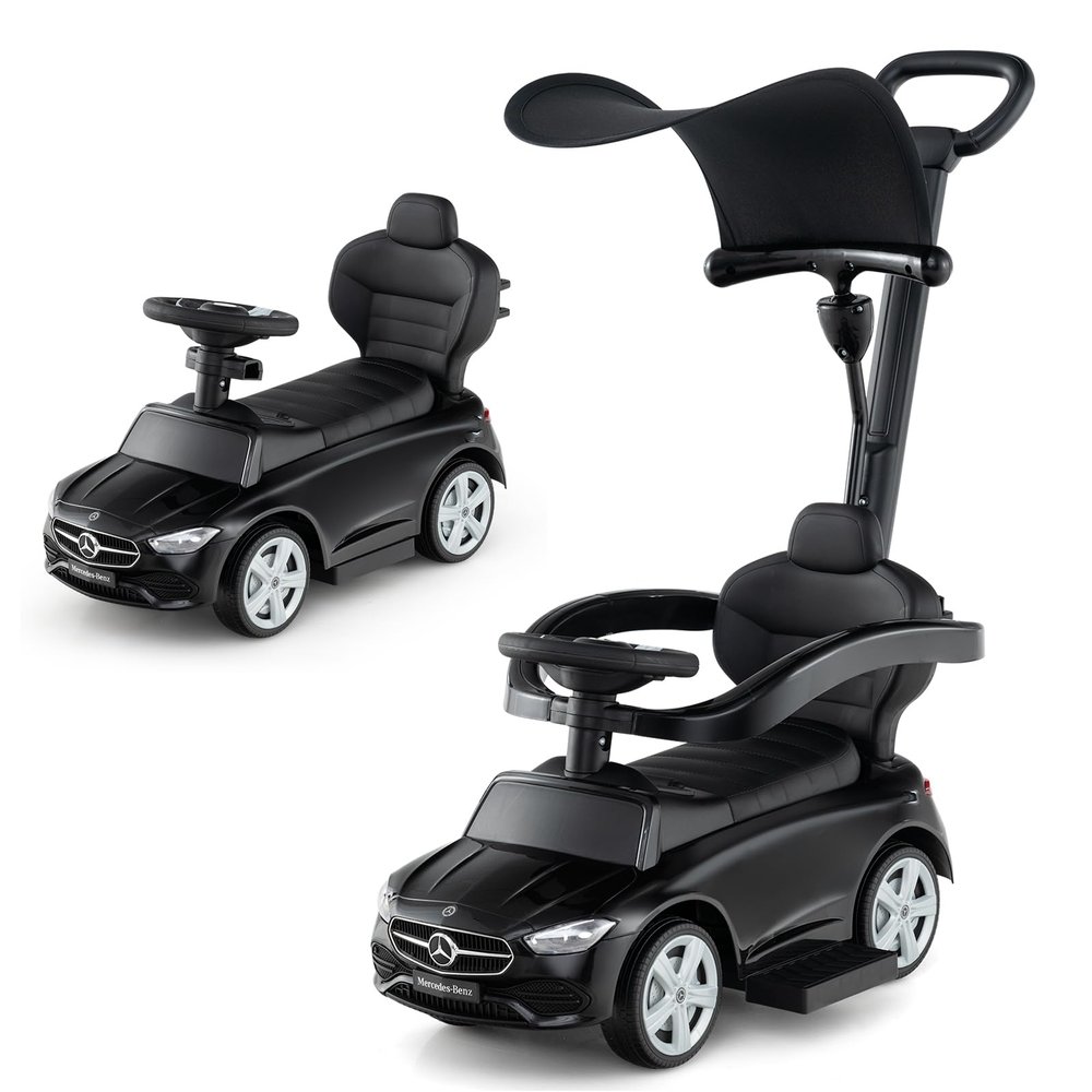 Costzon Push Car for Toddlers, 3 in 1 Mercedes Benz Stroller Sliding Walking Car w/Canopy, Handle, Safety Bar, Horn Sound, Underneath Storage, Foot-to-Floor Ride On Toy for Boys & Girls (Black)