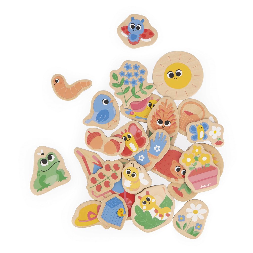 Janod - 24 Wooden Magnets - Garden Theme - Garden Animals - Wooden Toy - Ideal for Board or Fridge - Magnetic Educational Game for Handling, Experiencing and Fun - From 2 Years, J09646