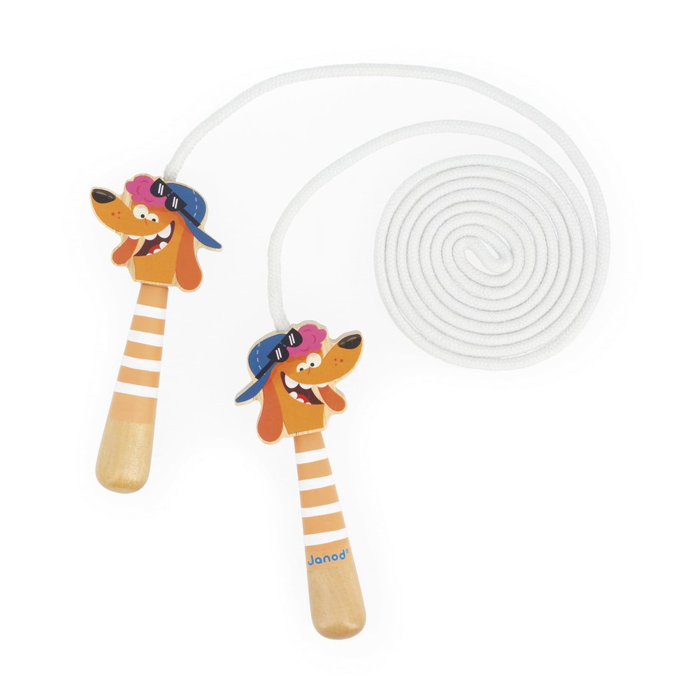 Janod - Adjustable Skipping Rope for Children - Wooden Dog Head Handles - 2m Rope - Ideal for Outdoor Play and Outdoor Activities - Develops Motor Skills - From 3 Years - J03378