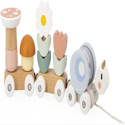 Janod Snail Train - 2 Wagons and 10 Pieces Including Removable Rattle - Pull Toy - Wood and Water Painting - Develop Fine Motor Skills - from 12 Months, J04010, Multi-Coloured