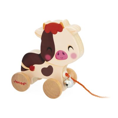 Janod - Wooden Ride-On Cow with Bell - Pull-Along and Push-Along Toy - Motor Skills & Imagination Training - 50cm String Suitable for Small Hands - from 12 Months, J03324