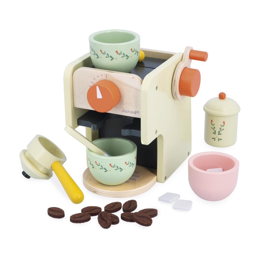 Janod Barista Children's Manual Coffee Grinder - 20 Accessories Included Wooden and Felt - Imitation Toy - Develops Imagination - J06644, J06644, Multicoloured