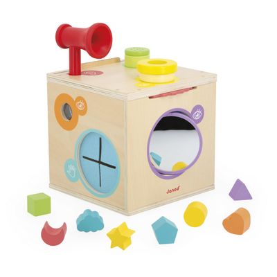 Janod Motor Skills and Manipulation - Sensory Box - Activity Cube - 12 Accessories - Learning Shapes and Colours - Awaken The Senses - Wooden Toy from 18 Months - J05307, J05307, Multi-Coloured