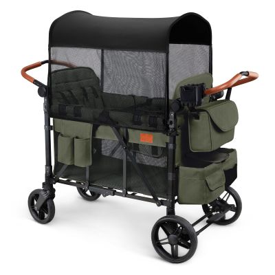 ZTDM Wagon Stroller for 4 Kids, All-Terrain Wagon for Toddler with Canopy, Parent Organizer, Shoulder Bag, Adjustable Handlebar, Phone Holder, High Seat & 5 Point Harness, Ultimate Quad (Green)