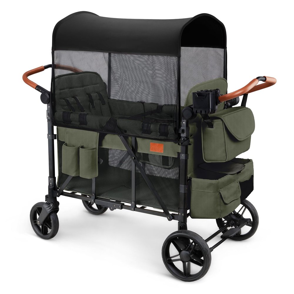 ZTDM Wagon Stroller for 4 Kids, All-Terrain Wagon for Toddler with Canopy, Parent Organizer, Shoulder Bag, Adjustable Handlebar, Phone Holder, High Seat & 5 Point Harness, Ultimate Quad (Green)