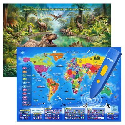 Bilingual Interactive Kids Talking World Map & Dinosaur Poster for Kids Learning and Educational Toys, Talking Educational Toys for 3 to 12 Years Old Girls/Boys, Preschool Learning Chart
