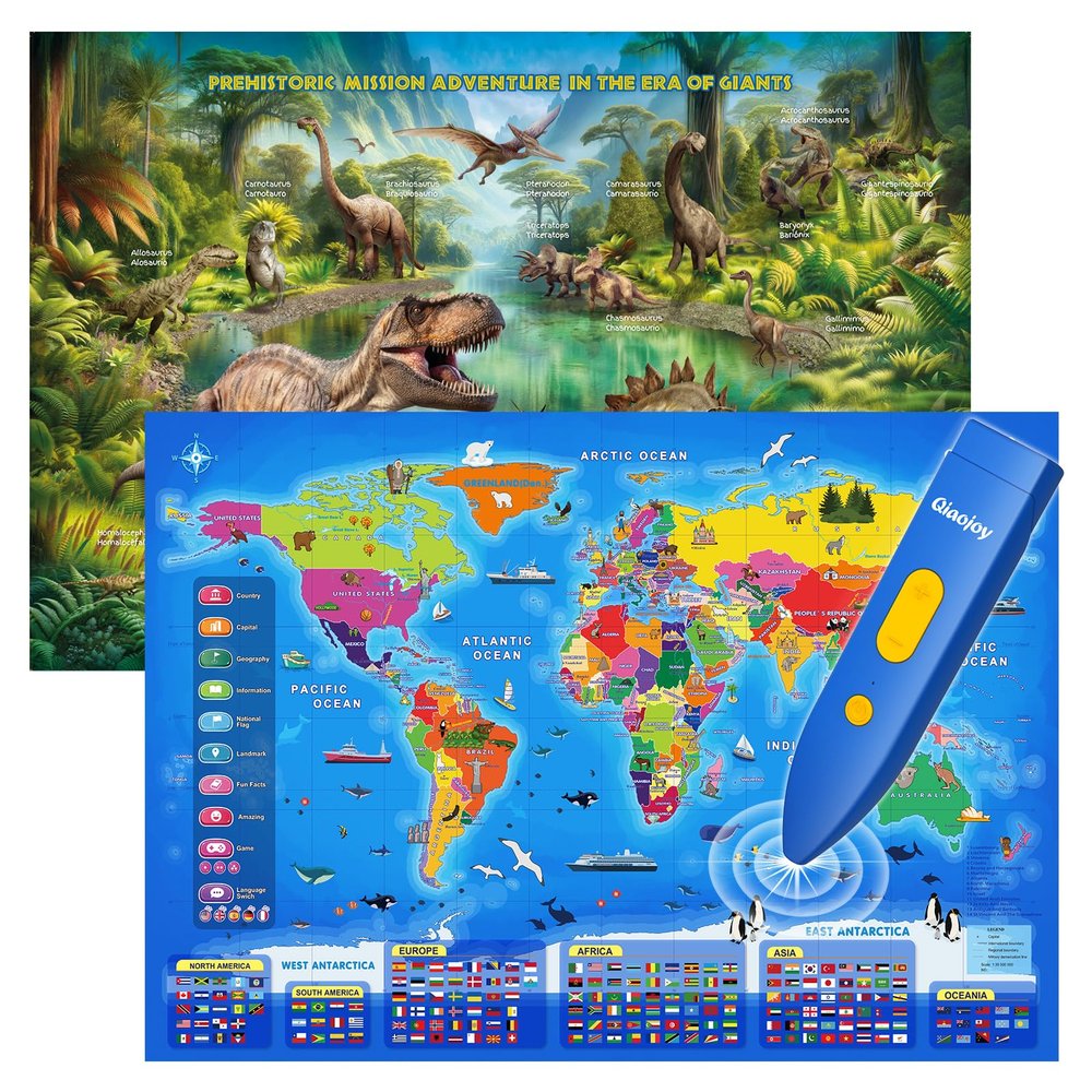 Bilingual Interactive Kids Talking World Map & Dinosaur Poster for Kids Learning and Educational Toys, Talking Educational Toys for 3 to 12 Years Old Girls/Boys, Preschool Learning Chart