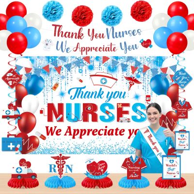 32pcs Nurse Appreciation Week Decorations 2026 Thank You Nurse Appreciation Banner Balloons Nurses Appreciation Gifts Hanging Swirls Pompoms Sash Table Centerpieces RN Graduation Party Decorations