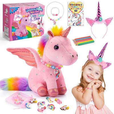 22-Piece Unicorn Gift Set for Girls Ages 3-8 | Pink Stuffed Animal Plush Toy with Jewelry Kit, DIY Coloring Book & Hair Accessories | Birthday Party Favors for Kids Toddler Girls Toys