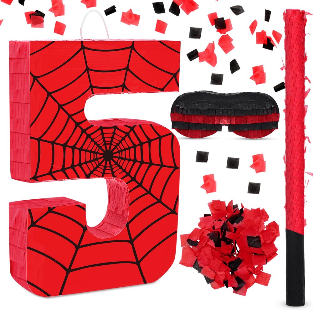 WinnerWhy Number 5 Spider Piata Bundle with Blindfold and Bat Comic Hero Small Piata Birthday Party Decoration for Mexican Fiesta Cinco De Mayo Anniversary Celebration Gift, 15.75 x 11 x 2.8 in