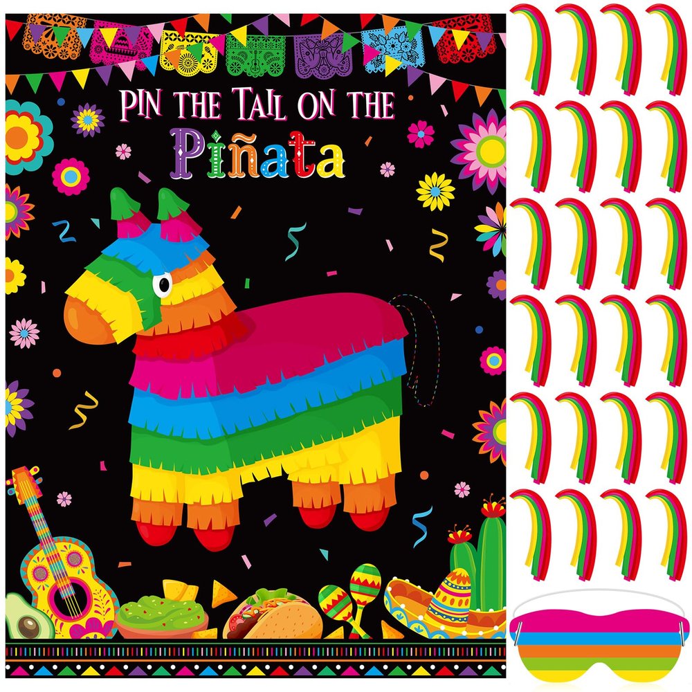 Faccito Mexican Fiesta Party Pin Tail Poster with 24 Stickers Blindfold for Cinco De Mayo Birthday Party Supplies(Donkey)