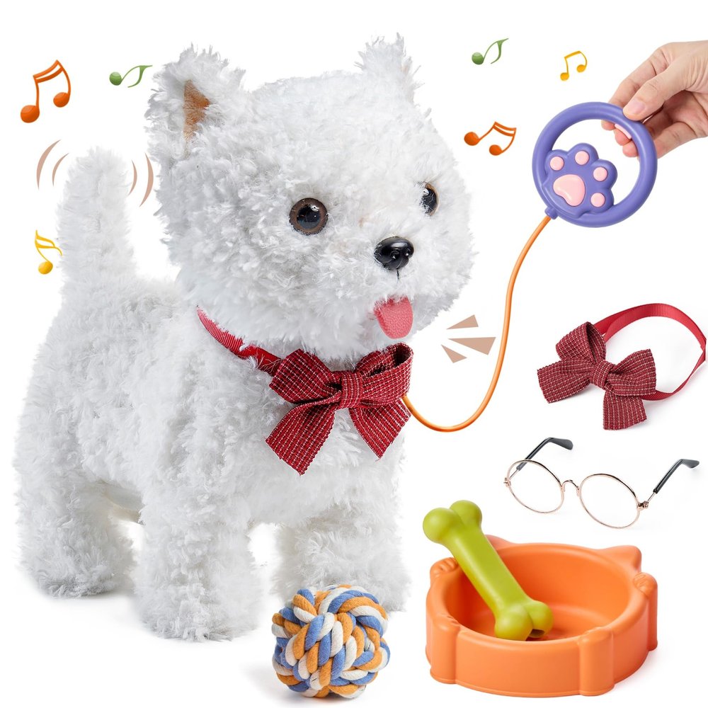 eJog Pup Walking Dog Toy with Leash, Remote Control Interactive Robot Dog, Dress Up Plush Puppy with Walking, Barking, Tongue Licking, Tail Wagging, Toys for Age 3+ Kids