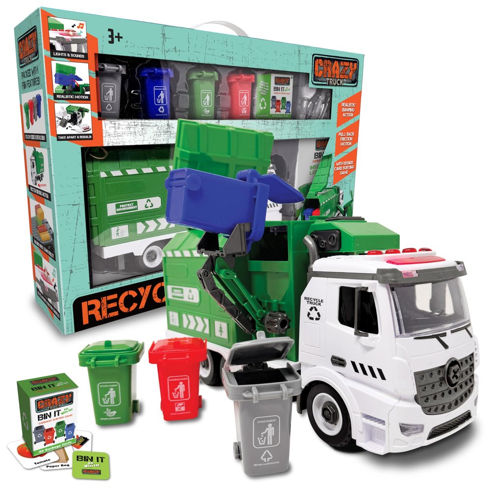 Crazy Truck 1:16 Scale Recycling Garbage Truck Toy with Lights & Sounds, 4 Recycle Cans, 40 Flash Cards, Tools DIY Take-Apart for Kids Realistic Mechanical Arm for Lift & Dump (White/Green)