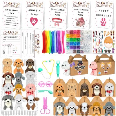 180 Pcs Adopt a Dog Party Favors Include 12 Mini Plush Dogs 12 Adoption Card 12 Kraft Boxes 12 Check Card 5 Adopt Sign 24 Puppy Stickers 1 Fence 102 Adopt a Puppy Supplies for Adoption Party (Dog)