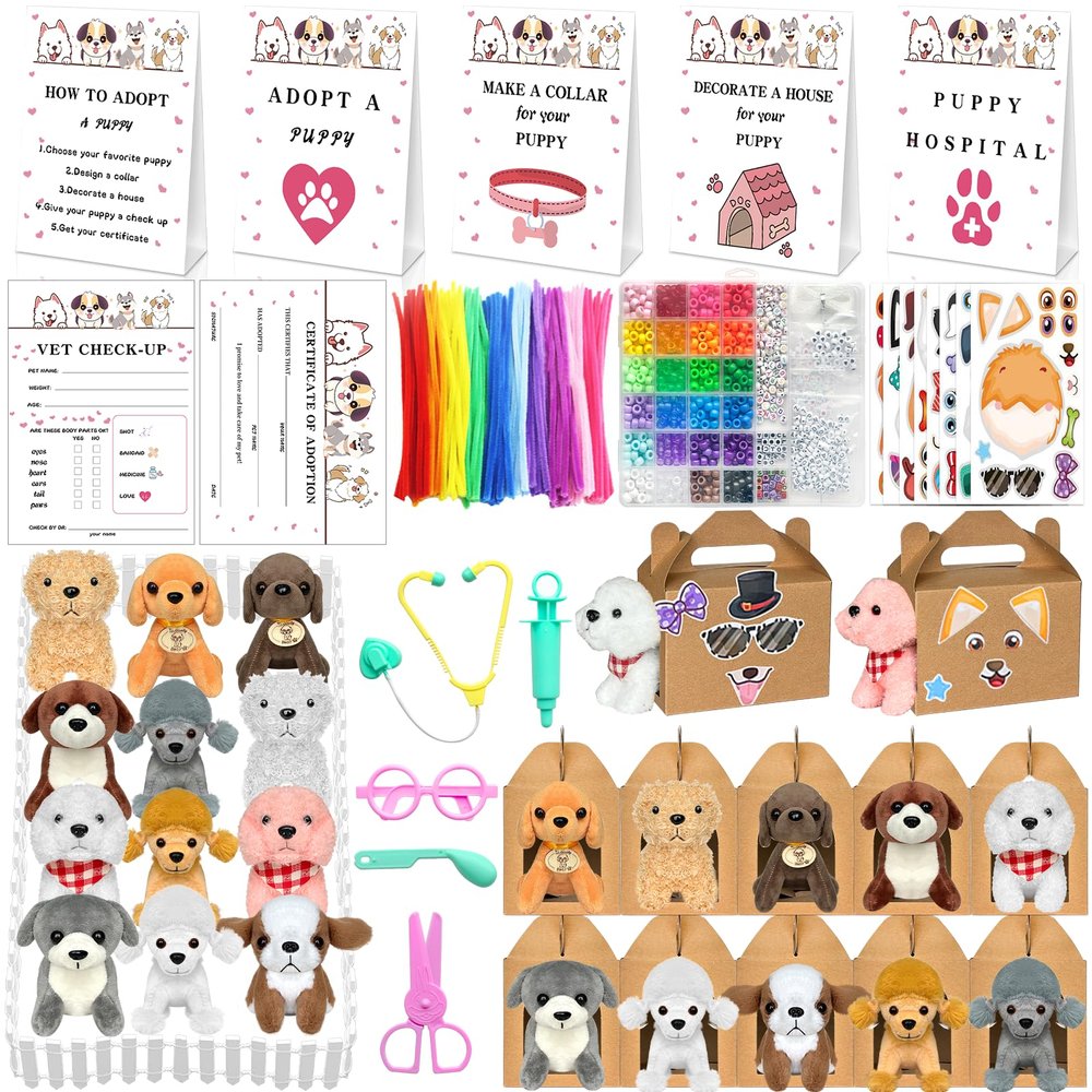180 Pcs Adopt a Dog Party Favors Include 12 Mini Plush Dogs 12 Adoption Card 12 Kraft Boxes 12 Check Card 5 Adopt Sign 24 Puppy Stickers 1 Fence 102 Adopt a Puppy Supplies for Adoption Party (Dog)