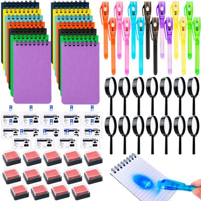 Flahard 70 Pcs Detective Party Favors Invisible Ink Pen with UV Light Notebook Set Spy Magic Pen Agent Name Tag Magnifying Glass Ink Pad for Kid Spy Escape Room Party Favors Goodie Bag Stuffers