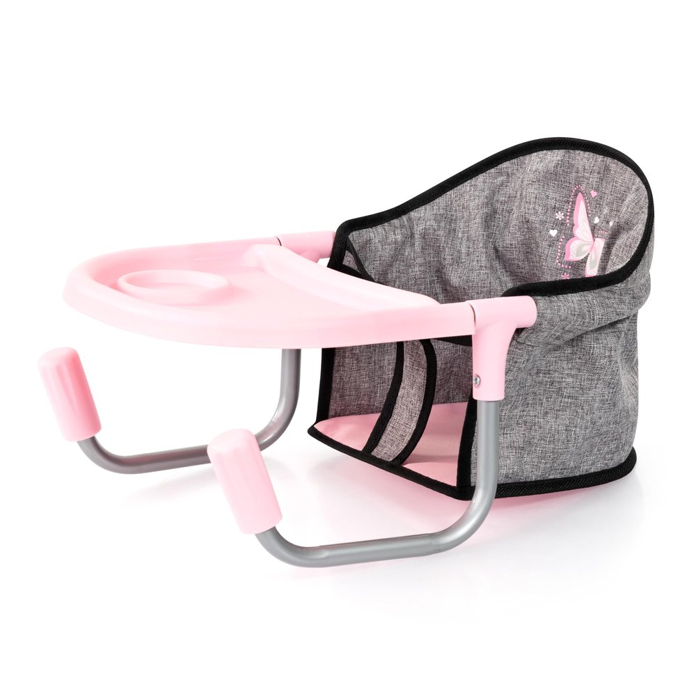 Bayer Design: Doll Table Seat - Grey-Pink-Butterfly - Attaches to Table, Dining Tray, Feeding Toy, Foldable, Accessory for Dolls Up to 18", Kids 3+