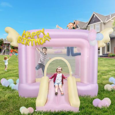 AKEYDIY Inflatable Bounce House,Kids Bouncy Castle for 2~10, Pink Bounce House Indoor/Outdoor Bouncy House with 370W Blower,Pastel Bouncer Slide with Safety Net,Basketball Rim&Fun Toys