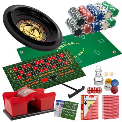 NYUUNYCOOR 5 in 1 Casino Game Complete Set: 250 Pro Poker Chips+Silent Card Shuffler, Blackjack+Roulette Wheel+Craps+Texas Holdem+Poker Kit,Table Game Mat+Playing Card+Dice+Casino Accessory
