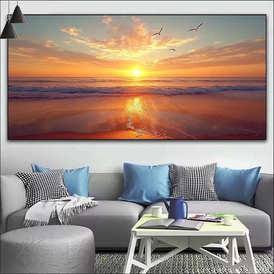 Beach Paint by Numbers for Adults, Landscape Paint by Number Acrylic with 3 Brushes, DIY Painting by Numbers for Kits, DIY Canvas Oil Painting Kit for Home Wall Decor Gift (NO Frame 20x60cm V-155