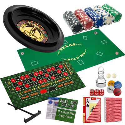 NYUUNYCOOR 5 in 1 Casino Game Pro Set: 125 Pro Poker Chip, Blackjack+Roulette Wheel+Craps+Texas Holdem+Poker Gaming Kit with Table Game Mat+Playing Card+Dice+Casino Accessory for Party