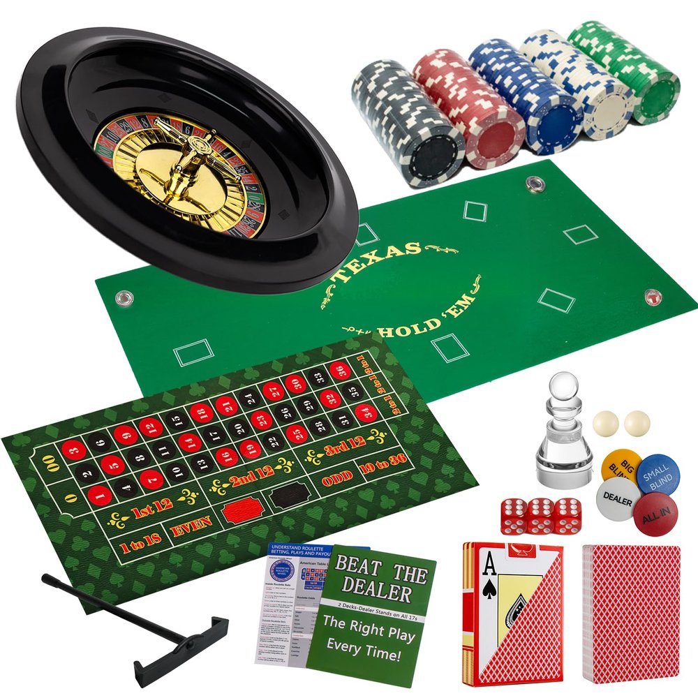 NYUUNYCOOR 5 in 1 Casino Game Pro Set: 125 Pro Poker Chip, Blackjack+Roulette Wheel+Craps+Texas Holdem+Poker Gaming Kit with Table Game Mat+Playing Card+Dice+Casino Accessory for Party