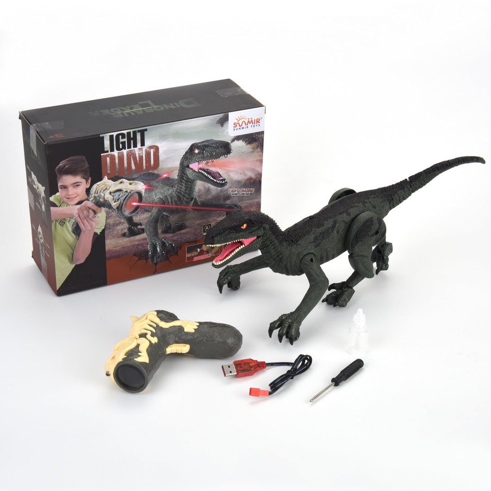 Dusky Shark RC Velociraptor Dinosaur Toy  Remote Control Walking Dinosaur with LED Lights, Mist Spray, and Sounds (Green)