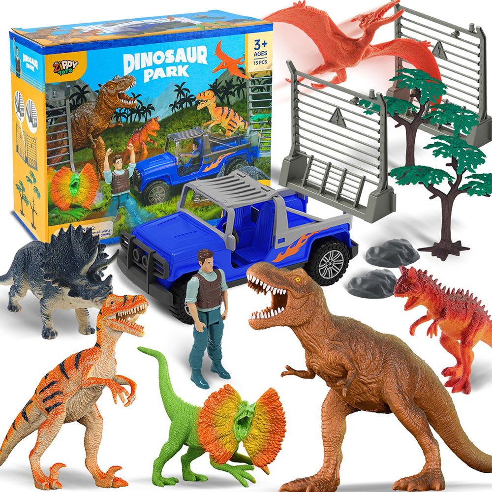 Zippytots Dinosaur Toys for Kids 3-5 Dino Park World Play Set, 6 Dinosaur Figures with Toy Car, Trees and Accessories, Dino Toy for Kids Boys Girls 5-8
