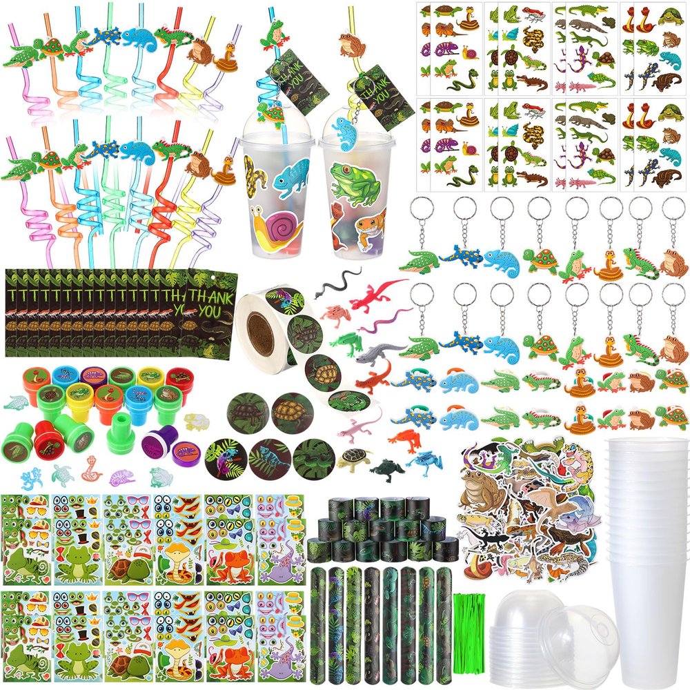 Poen 212 Pcs Reptiles Party Favors Set Include Cup Straw Stamp Clap Bracelet Keychain Ring Puzzle Sticker Animal Miniature Card for Birthday Summer Outdoor Party Baby Shower Goody Bag Stuffer