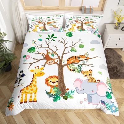 jejeloiu Cute Animals Bedding Set Toddler Size Kids Elephant Giraffe Monkey Lion Comforter Cover Set for Boys Girls Teens Kawaii Zoo Duvet Cover, 1x Duvet Cover+1x Pillow Sham