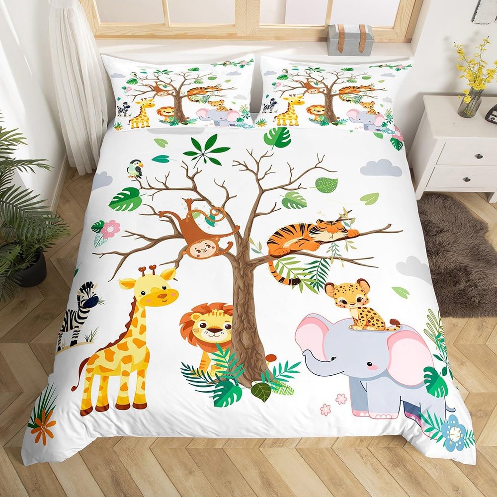jejeloiu Cute Animals Bedding Set Toddler Size Kids Elephant Giraffe Monkey Lion Comforter Cover Set for Boys Girls Teens Kawaii Zoo Duvet Cover, 1x Duvet Cover+1x Pillow Sham