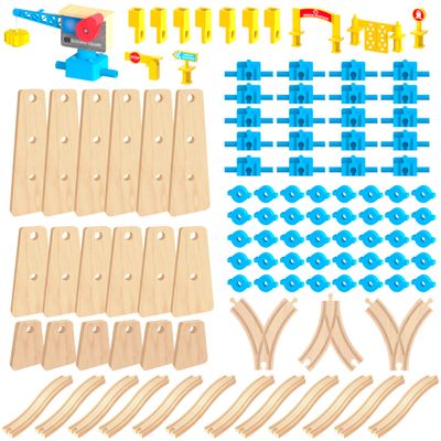 Wooden Train Tracks Build & Play Construction Set 115PCS Modular Railway STEM Toys Track Expansion Pack #3 | Build Crane Tower Bridge Ascending Track Accessories Compatible with Thomas Brio ORBRIUM